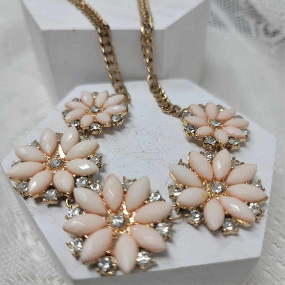 Pink Flower & Rhinestone Necklace Goldtone - Picture 5 of 5